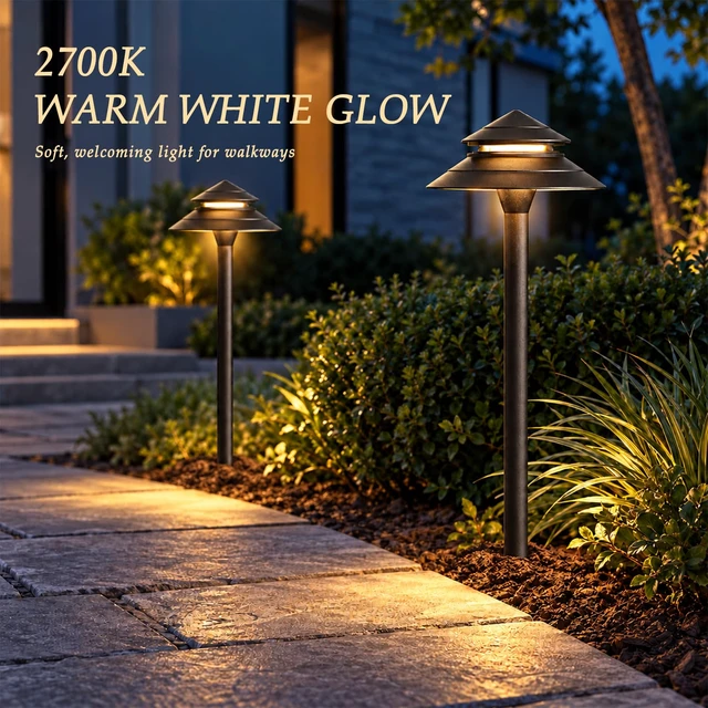 Alt view image 3 of 7 - 12V AC Low Voltage Path Lights 2W 70LM 2PK E12 Replaceable E12 Bulb | 2700K Aluminum 2-Tier Outdoor Pathway Lights With Connectors And Stakes