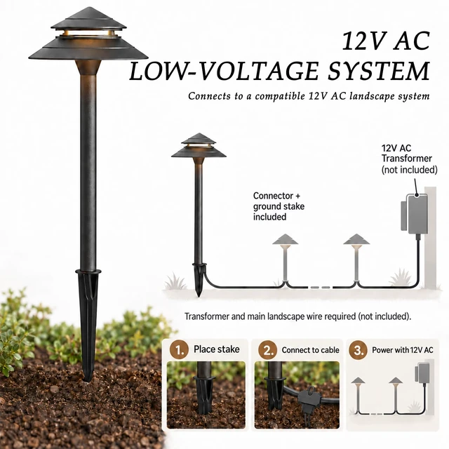 Alt view image 5 of 7 - 12V AC Low Voltage Path Lights 2W 70LM 2PK E12 Replaceable E12 Bulb | 2700K Aluminum 2-Tier Outdoor Pathway Lights With Connectors And Stakes