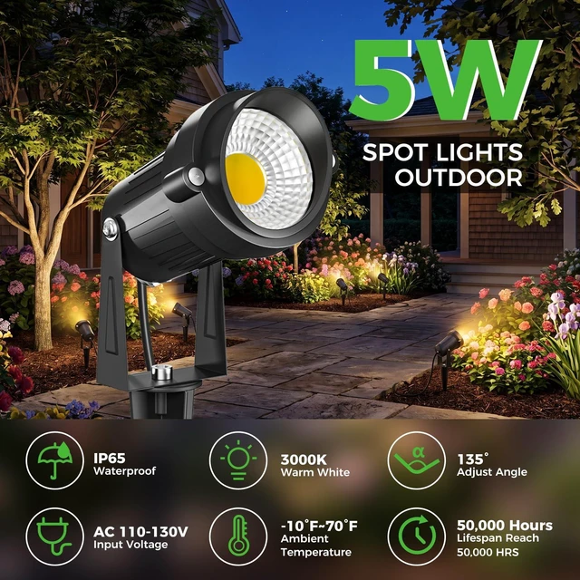 Alt view image 2 of 6 - nipify 5W Outdoor Spot Lights, COB Landscape Spotlights with Spiked Stand | 4 Pack, 9.8 FT Cord, Warm White, Waterproof, Ultra Bright, Lighting for Flagpole Tree Yard Lawn Statue