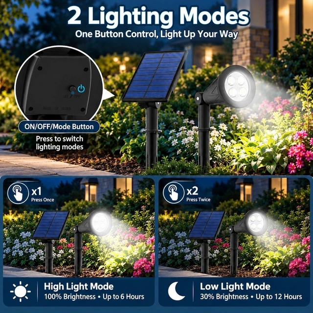 Alt view image 2 of 6 - T-SUNUS Solar Spotlights 2 Pack White 6000K IP65 Waterproof Separated Panel | 9.8ft cable, auto on/off, 2 Lighting Modes for Landscape Garden Flag Patio Yard Driveway Halloween Christmas