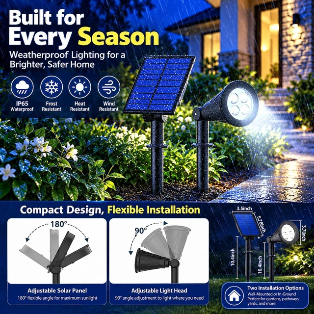 Alt view image 4 of 6 - T-SUNUS Solar Spotlights 2 Pack White 6000K IP65 Waterproof Separated Panel | 9.8ft cable, auto on/off, 2 Lighting Modes for Landscape Garden Flag Patio Yard Driveway Halloween Christmas