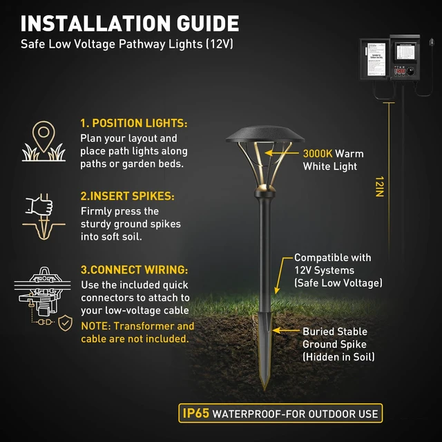 Alt view image 6 of 7 - GOLDEN STAR Low Voltage LED Pathway Lights 12V 1W 60LM 3000K Black 2Pack | Landscape Lighting Celestial Outdoor Path Lights With Stakes Connectors For Walkways Gardens Yard Borders