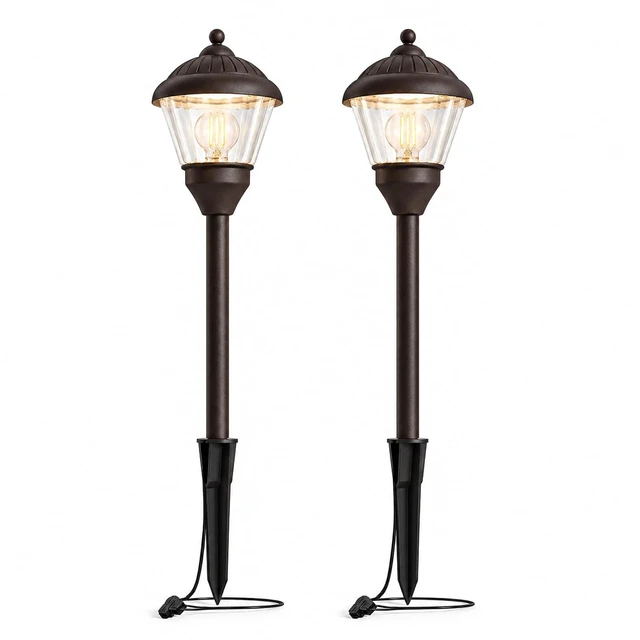 Main image of GOLDEN STAR 12V Low Voltage Path Lights 2W Metal LED Landscape Lighting | 2700K Warm White, 135Lumen, Glass Shade, Outdoor Walkway Light with Stake & Connector for Walkway Yard Garden, 2 Pack