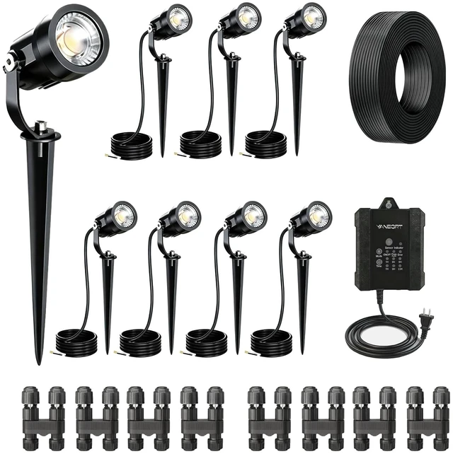 Main image of YANEGRT Low Voltage Landscape Lighting Kit, 8 Pack LED Spotlights | 550 Lumens, 65FT Cable, Timer & Light Sensor, Auto Dusk On, IP65 Waterproof Lights, Decor for Garden, Yard & Pathway