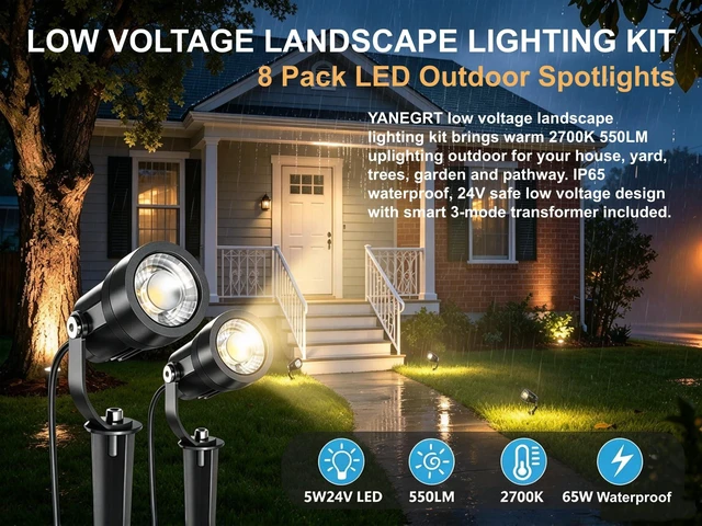 Alt view image 2 of 7 - YANEGRT Low Voltage Landscape Lighting Kit, 8 Pack LED Spotlights | 550 Lumens, 65FT Cable, Timer & Light Sensor, Auto Dusk On, IP65 Waterproof Lights, Decor for Garden, Yard & Pathway