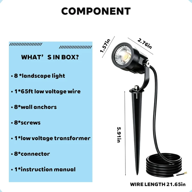 Alt view image 6 of 7 - YANEGRT Low Voltage Landscape Lighting Kit, 8 Pack LED Spotlights | 550 Lumens, 65FT Cable, Timer & Light Sensor, Auto Dusk On, IP65 Waterproof Lights, Decor for Garden, Yard & Pathway