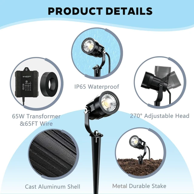 Alt view image 7 of 7 - YANEGRT Low Voltage Landscape Lighting Kit, 8 Pack LED Spotlights | 550 Lumens, 65FT Cable, Timer & Light Sensor, Auto Dusk On, IP65 Waterproof Lights, Decor for Garden, Yard & Pathway