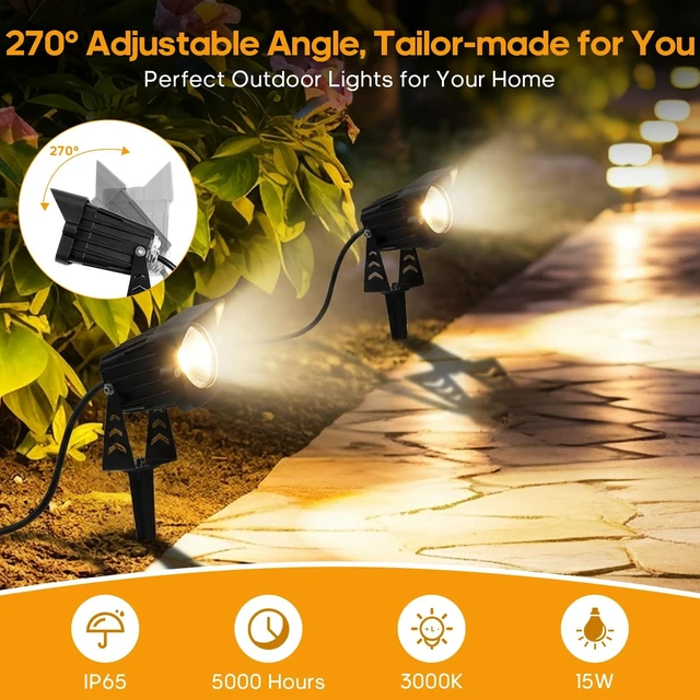 Alt view image 6 of 7 - Dusk to Dawn Outdoor Lighting,15W Spot Lights Outdoor with Photocell Sensor | 1620LM 3000K Warm White,Spotlights IP65 Waterproof, 5.91FT Cable US Plug, Landscape Lighting for Big Garden Yard Flag Tree