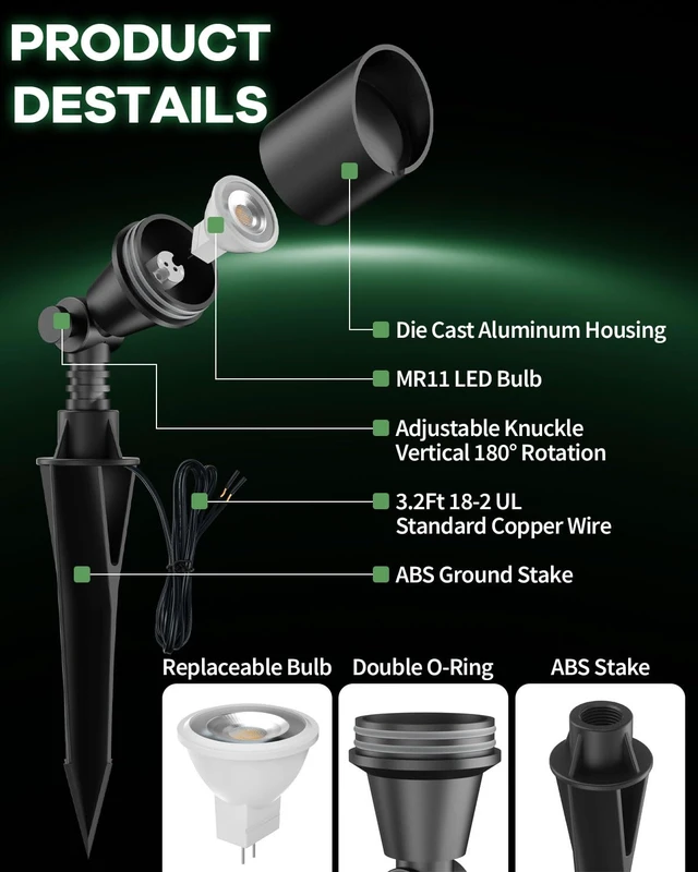 Alt view image 3 of 7 - Makergroup Low Voltage Landscape Spotlights, 3W MR11 LED Bulb 12V 2-Pack | 3W GU4 Bulb 2700K, Black Aluminum Fixture, Adjustable Uplighs, Wateproof Outdoor Spot Light Wired for Yard, Garden, Tree