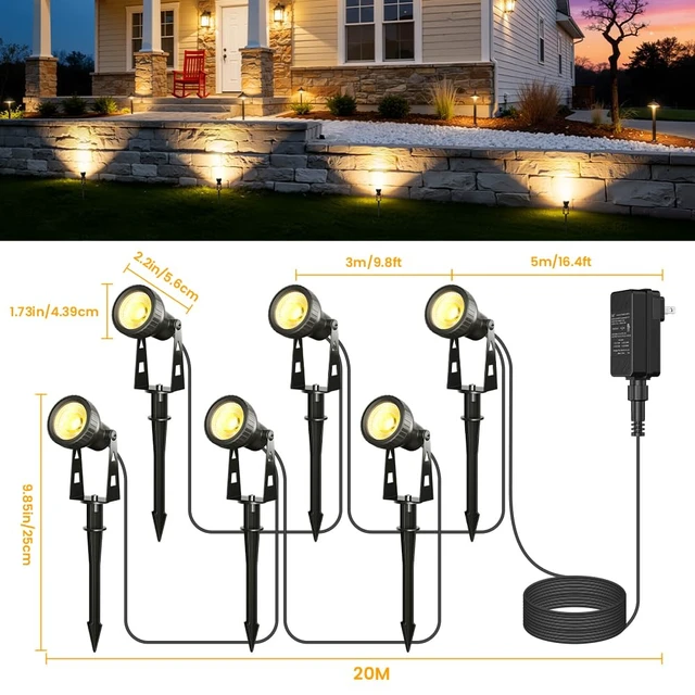 Alt view image 3 of 7 - FOOMAN 6-Pack Spot Lights Outdoor, Low Voltage Landscape Lighting | LED Pathway Lights with Transformer, IP68 Waterproof Warm White Spotlight for Yard Garden Flags House Lawn Tree