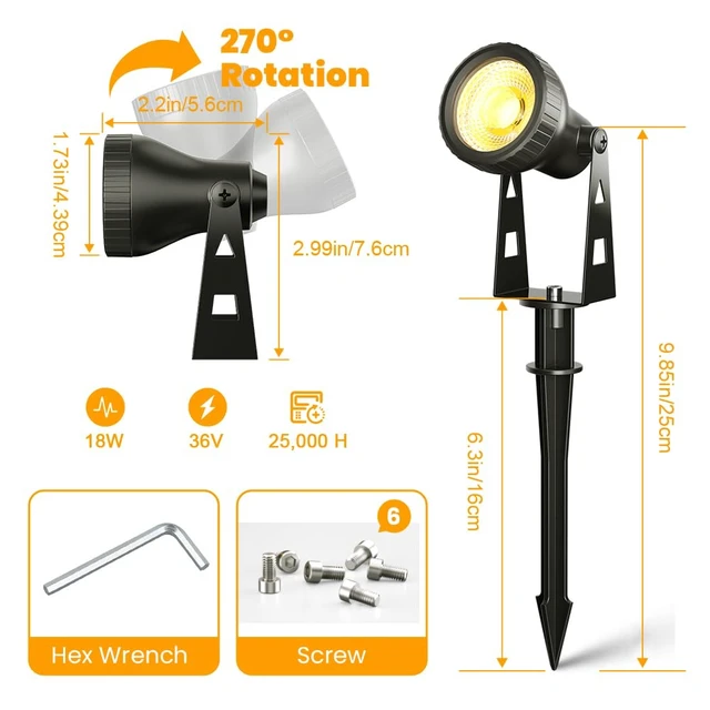 Alt view image 4 of 7 - FOOMAN 6-Pack Spot Lights Outdoor, Low Voltage Landscape Lighting | LED Pathway Lights with Transformer, IP68 Waterproof Warm White Spotlight for Yard Garden Flags House Lawn Tree