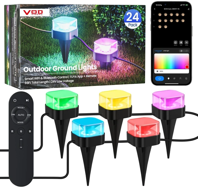 Main image of VOD 24 Pack Outdoor Ground Lights, 100FT Pathway Lights, IP65 Waterproof | RGB+IC Patio Decorations, Works with Alexa Google Assistant, Music Modes, Light for Patio Pathway Lawn Yard Driveway