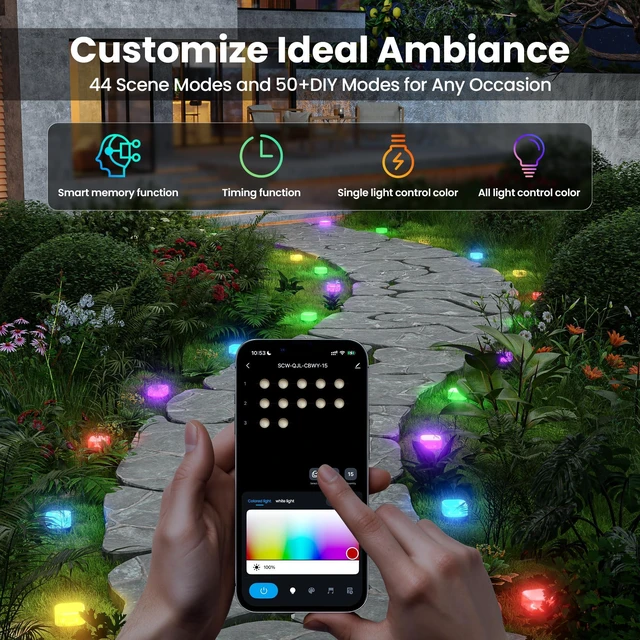 Alt view image 7 of 7 - VOD 24 Pack Outdoor Ground Lights, 100FT Pathway Lights, IP65 Waterproof | RGB+IC Patio Decorations, Works with Alexa Google Assistant, Music Modes, Light for Patio Pathway Lawn Yard Driveway