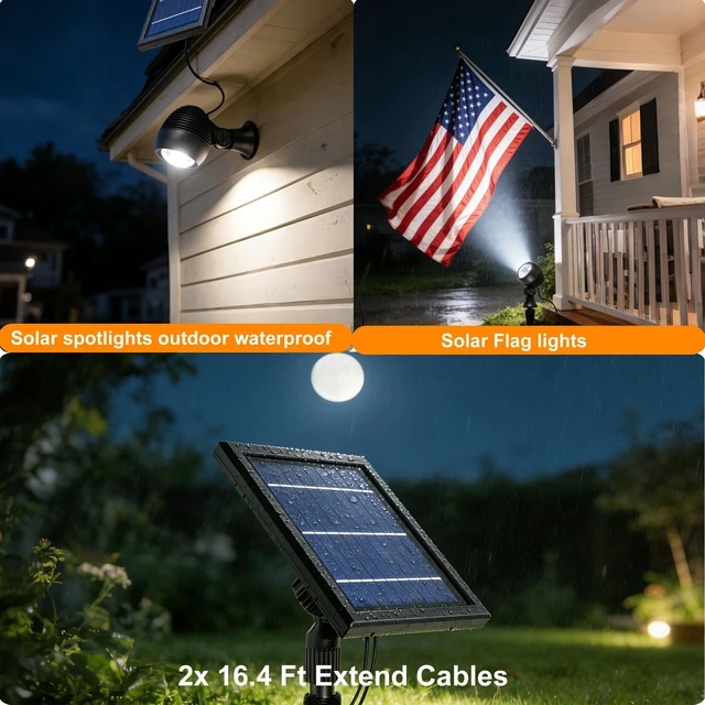 Alt view image 3 of 7 - SUNLONG Solar Spot Lights Outdoor Waterproof for Tree Yard 2X 16.4Ft Wires | Solar Powered, 2 Extension Cord,Wall Mounted,Ground Stake,Dusk to Dawn,Auto On/off,Ideal for Landscape Garden Pathway,6000K