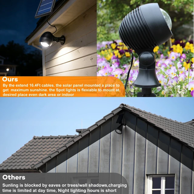 Alt view image 4 of 7 - SUNLONG Solar Spot Lights Outdoor Waterproof for Tree Yard 2X 16.4Ft Wires | Solar Powered, 2 Extension Cord,Wall Mounted,Ground Stake,Dusk to Dawn,Auto On/off,Ideal for Landscape Garden Pathway,6000K