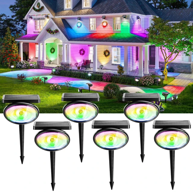 Main image of BlcTec Solar Spot Lights Outdoor, Upgraded Convex Lens Brighter Landscape Uplights IP68 Waterproof, 10 Colors+2 RGB Modes Spotlights for Garden Yard Path Halloween Christmas Decorations, 6 Packs
