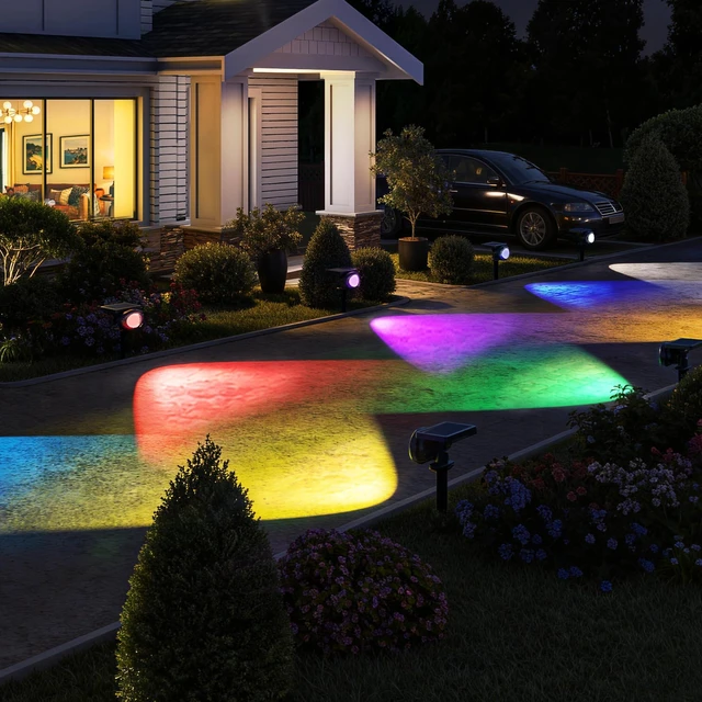Alt view image 4 of 7 - BlcTec Solar Spot Lights Outdoor, Upgraded Convex Lens Brighter Landscape Uplights IP68 Waterproof, 10 Colors+2 RGB Modes Spotlights for Garden Yard Path Halloween Christmas Decorations, 6 Packs