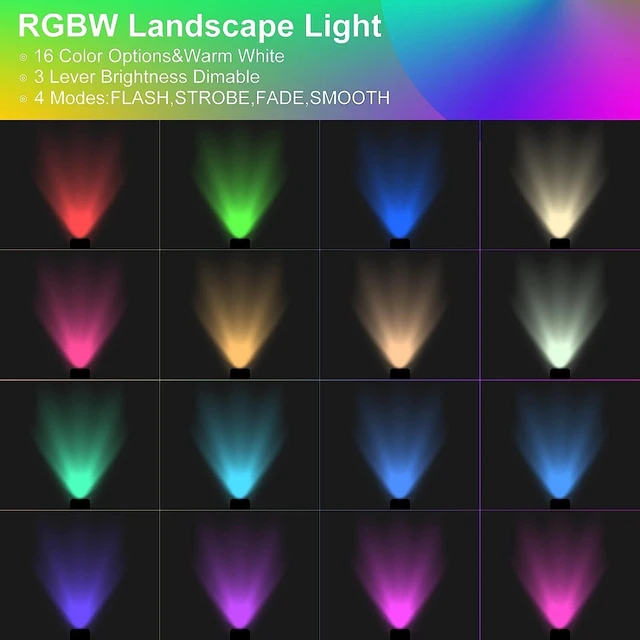 Alt view image 2 of 6 - ELEGLO Halloween Spotlight Outdoor 120V RGBW Landscape Spotlight,Color Changing,Landscape Lighting with Remote,IP65 Landscape Lights 16 Colors +Warm White with US 3 Prong(8Pack)