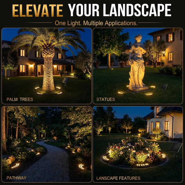 Alt view image 2 of 7 - Sublume Solar Tree Lights Outdoor, Aluminum 360° Ring Landscape Uplights | 48 LED, Solar Powered with USB Backup Charging, 33FT Cable, Glass Lenses, IP65 Waterproof for Yard, Garden, Flag Pole