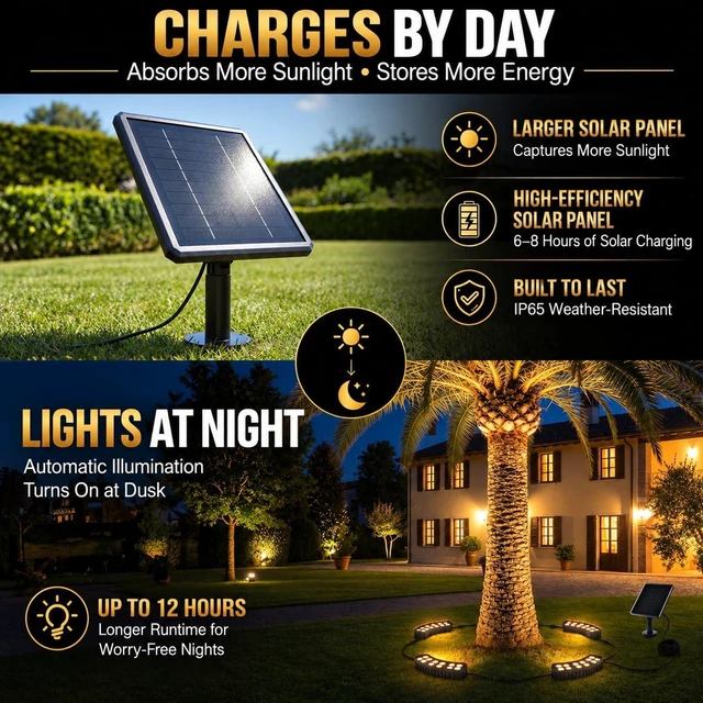 Alt view image 6 of 7 - Sublume Solar Tree Lights Outdoor, Aluminum 360° Ring Landscape Uplights | 48 LED, Solar Powered with USB Backup Charging, 33FT Cable, Glass Lenses, IP65 Waterproof for Yard, Garden, Flag Pole