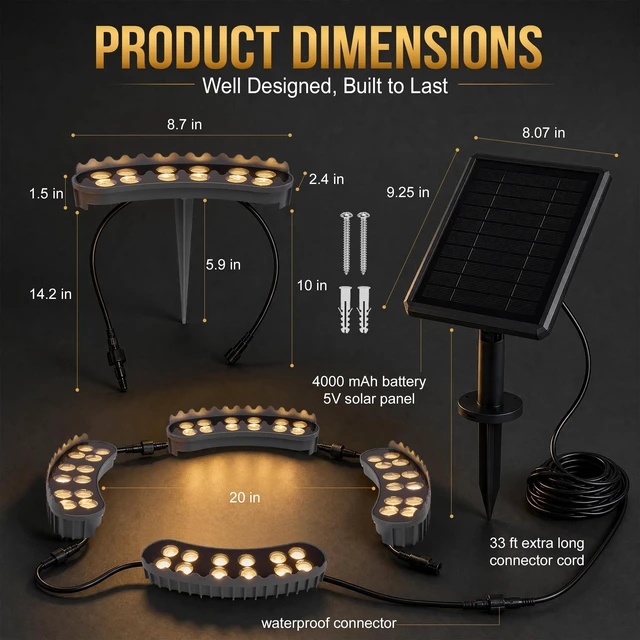 Alt view image 7 of 7 - Sublume Solar Tree Lights Outdoor, Aluminum 360° Ring Landscape Uplights | 48 LED, Solar Powered with USB Backup Charging, 33FT Cable, Glass Lenses, IP65 Waterproof for Yard, Garden, Flag Pole
