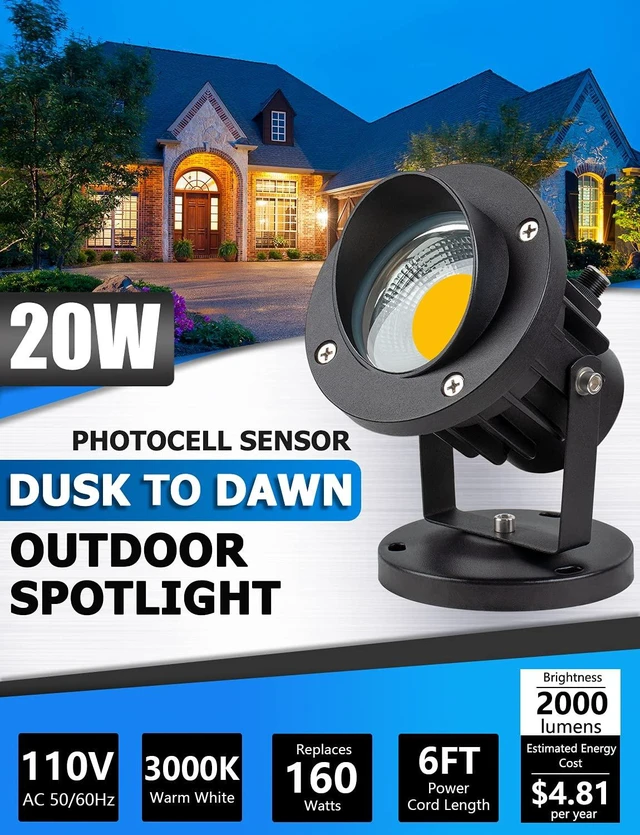 Alt view image 2 of 7 - SUNVIE 20W Spot Lights Outdoor with Photocell Sensor, Dusk to Dawn LED Landscape Spotlights, Waterproof 120V 2000LM 3000K Landscape Lighting for Yard Flag Tree Garden 6 FT US 3-Plug in Cord, 2 Pack