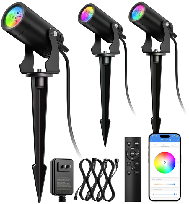 Main image of TakThree Smart Landscape Spotlights Outdoor 3 Pack, RGBCW with Lens | Remote and APP Control, 24V Low Voltage Safe, IP65 Waterproof, Music Sync, Pathway Lighting, Halloween Christmas Decor