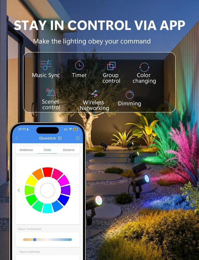 Alt view image 2 of 7 - TakThree Smart Landscape Spotlights Outdoor 3 Pack, RGBCW with Lens | Remote and APP Control, 24V Low Voltage Safe, IP65 Waterproof, Music Sync, Pathway Lighting, Halloween Christmas Decor