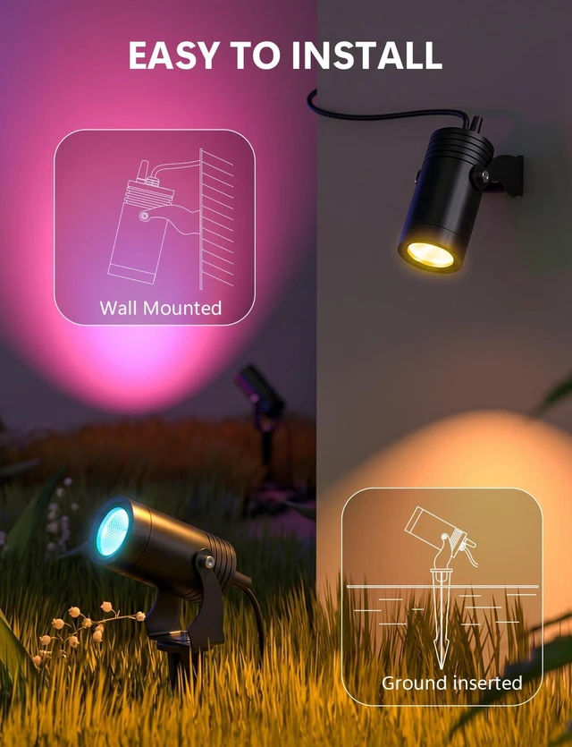Alt view image 5 of 7 - TakThree Smart Landscape Spotlights Outdoor 3 Pack, RGBCW with Lens | Remote and APP Control, 24V Low Voltage Safe, IP65 Waterproof, Music Sync, Pathway Lighting, Halloween Christmas Decor
