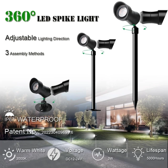Alt view image 2 of 7 - YASHIDA Outdoor Landscape LED Lighting DC12-24V 3W IP67 360 Degree Universal Rotary Led Spike Light kit Waterproof Led Spotlight with Spike Pole for Lawn Decorative Lamp Warm White 2700K