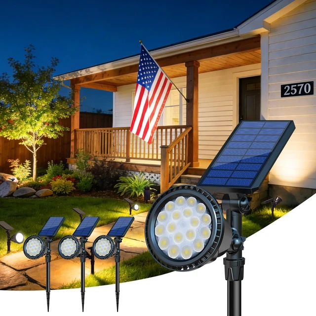 Main image of DBF Solar Outdoor Lights, 600LM Solar Spot Lights Outdoor Waterproof, 18 LED Auto On/Off Landscape Lighting Flag Pole Light for Garden Yard Pathway Garage Pool Patio(Warm White, 4 Pack)