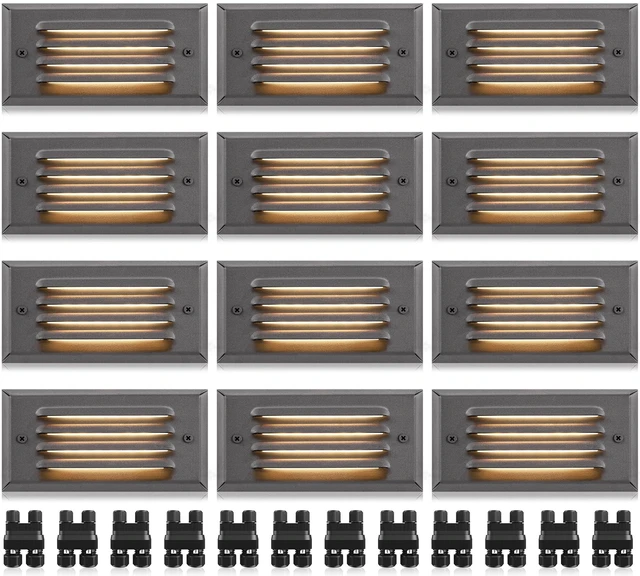 Main image of SUNVIE 5W Low Voltage Step Lights 6 Inch Outdoor Aluminum Brown, 12-Pack | Landscape lights, 12-24V AC/DC, 3.2FT ETL Listed Wire, with Fastlock2 Connectors, Horizontal Louver, for Stairs, Step, Fences