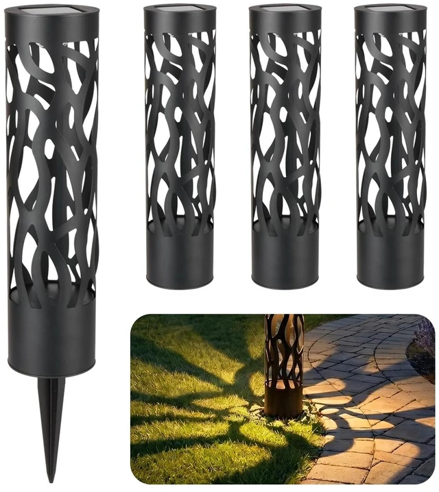 Main image of Home Zone Living Secure Solar Bollard Pathway Lights, 4-Pack, Black, 4"x16" | Rotating Light Effect, Dusk-to-Dawn, Metal, Warm White LED