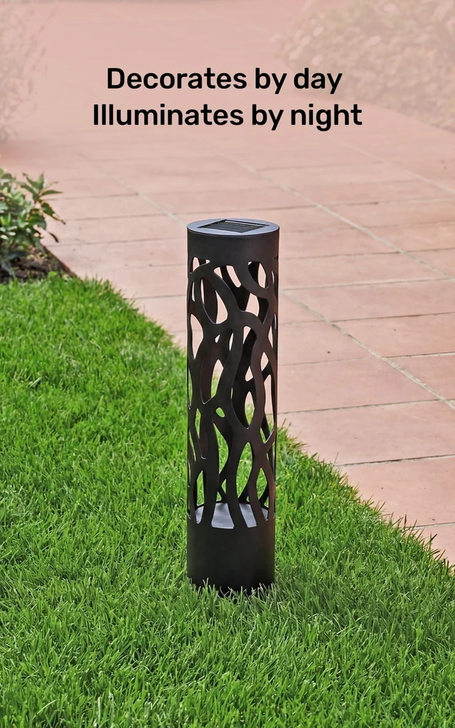 Alt view image 3 of 7 - Home Zone Living Secure Solar Bollard Pathway Lights, 4-Pack, Black, 4"x16" | Rotating Light Effect, Dusk-to-Dawn, Metal, Warm White LED