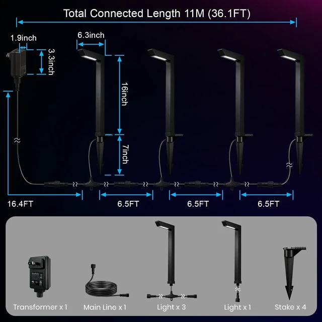 Alt view image 7 of 7 - ZestPatio Plug in Outdoor RGB Landscape Pathway Lights Kit with Timer | Total 20W, 44.3Ft, Color Changing Landscape Lights for Outdoor Path Walkway Driveway of Christmas, Aluminum, Black, Set of 4