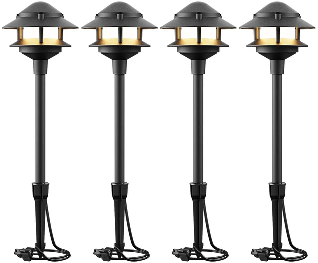 Main image of MANUFACTURING 12V Low Voltage LED Landscape Path Lights 2.2W 32LM 4PK | 3100K Warm White 2-Tier Die-Cast Metal Black Pathway Lights With Stakes IP65 Weatherproof For Walkways Gardens Driveways Yard