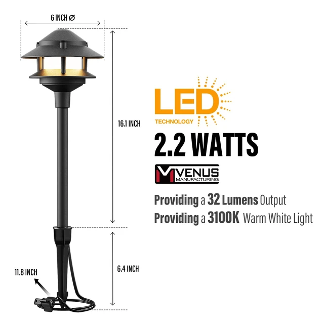 Alt view image 3 of 7 - MANUFACTURING 12V Low Voltage LED Landscape Path Lights 2.2W 32LM 4PK | 3100K Warm White 2-Tier Die-Cast Metal Black Pathway Lights With Stakes IP65 Weatherproof For Walkways Gardens Driveways Yard