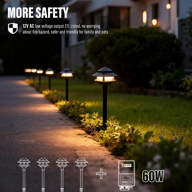 Alt view image 4 of 7 - MANUFACTURING 12V Low Voltage LED Landscape Path Lights 2.2W 32LM 4PK | 3100K Warm White 2-Tier Die-Cast Metal Black Pathway Lights With Stakes IP65 Weatherproof For Walkways Gardens Driveways Yard