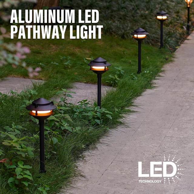 Alt view image 7 of 7 - MANUFACTURING 12V Low Voltage LED Landscape Path Lights 2.2W 32LM 4PK | 3100K Warm White 2-Tier Die-Cast Metal Black Pathway Lights With Stakes IP65 Weatherproof For Walkways Gardens Driveways Yard