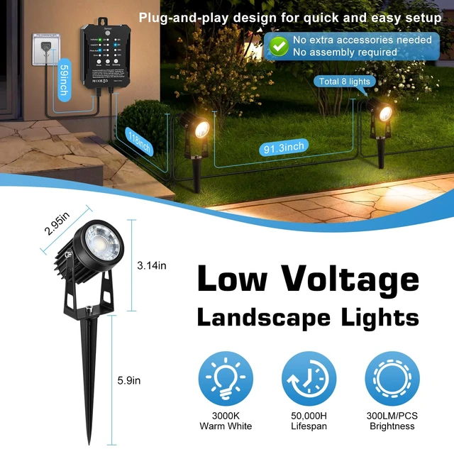 Alt view image 6 of 7 - Low Voltage Landscape Lighting Kit, 8-Pack LED Spotlights with 24W Transformer, 3000K Waterproof Outdoor Lights with Timer & Dusk-to-Dawn Sensor, 75FT Wire for Yard, Garden, Patio, Pathway, Trees