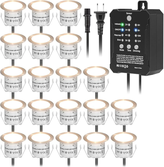 Main image of HIBOITEC 20 Packs Low Voltage Deck Lights Kit with Transformer IP67 2700K | Dimmable Timer and Photocell Sensor Outdoor Recessed LED Deck Lighting for Garden Yard Stair Patio Floor Decoration