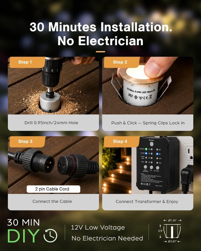 Alt view image 2 of 7 - HIBOITEC 20 Packs Low Voltage Deck Lights Kit with Transformer IP67 2700K | Dimmable Timer and Photocell Sensor Outdoor Recessed LED Deck Lighting for Garden Yard Stair Patio Floor Decoration