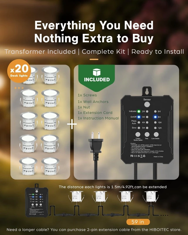 Alt view image 3 of 7 - HIBOITEC 20 Packs Low Voltage Deck Lights Kit with Transformer IP67 2700K | Dimmable Timer and Photocell Sensor Outdoor Recessed LED Deck Lighting for Garden Yard Stair Patio Floor Decoration