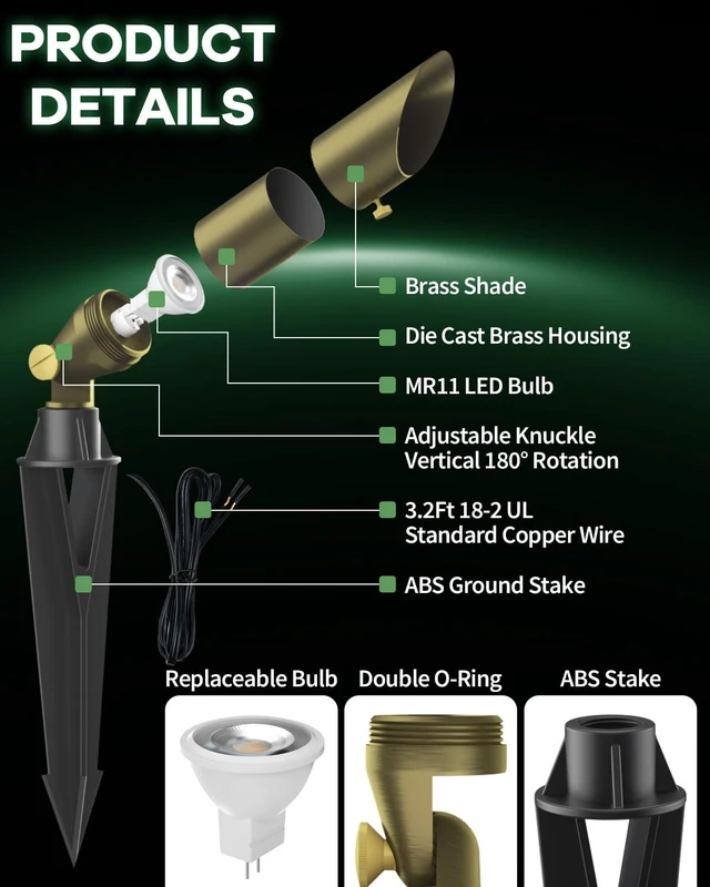 Alt view image 4 of 7 - Makergroup Brass Landscape Light, MR11 LED Bulb 12V Low Voltage | Mini Spotlight 3W, Landscaping Spot Light, Replaceable Bulb Warm White 2700K, Weatherproof Accent Light for Outdoor Lighting
