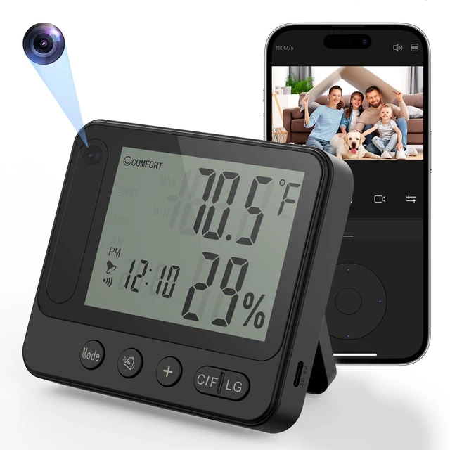 Main image of MEBAO 4K WiFi Hidden Camera Clock with Hygrometer & Thermometer | Nanny camera clock displays temp & humidity while offering live viewing, motion detection, and night vision for home/office.