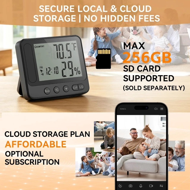 Alt view image 7 of 7 - MEBAO 4K WiFi Hidden Camera Clock with Hygrometer & Thermometer | Nanny camera clock displays temp & humidity while offering live viewing, motion detection, and night vision for home/office.