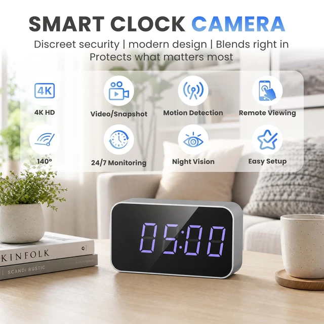 Alt view image 2 of 7 - Hidden Camera Clock 4K UHD Clock Camera with Motion Alerts & Remote Access | Smart Home Security Camera with Digital Clock Design, Wireless Indoor Camera for Family, Pet Care, Office & Daily Safety