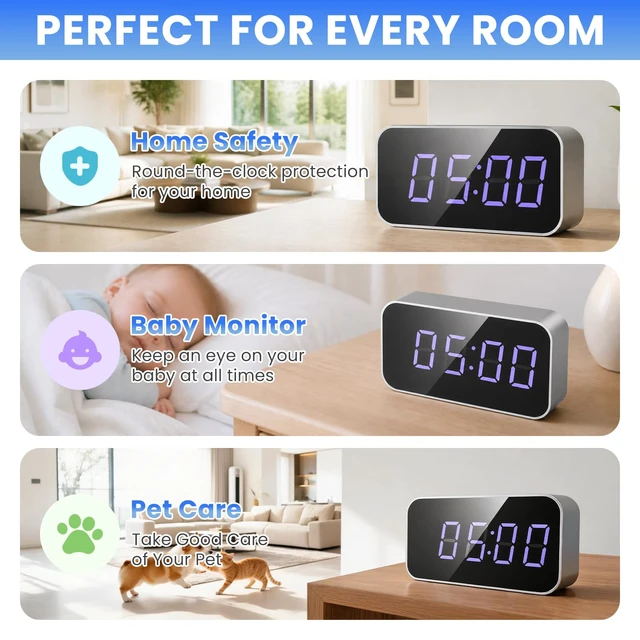 Alt view image 4 of 7 - Hidden Camera Clock 4K UHD Clock Camera with Motion Alerts & Remote Access | Smart Home Security Camera with Digital Clock Design, Wireless Indoor Camera for Family, Pet Care, Office & Daily Safety