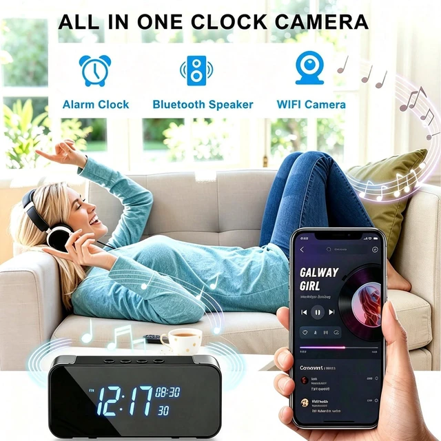 Alt view image 2 of 7 - Clythern Hidden Camera WiFi Alarm Clock 4K, Nanny Cam for Indoor | Night Vision, Motion Detection, Remote Live Stream, Loop Recording, Bluetooth Speaker for Home, Baby, Elderly Care