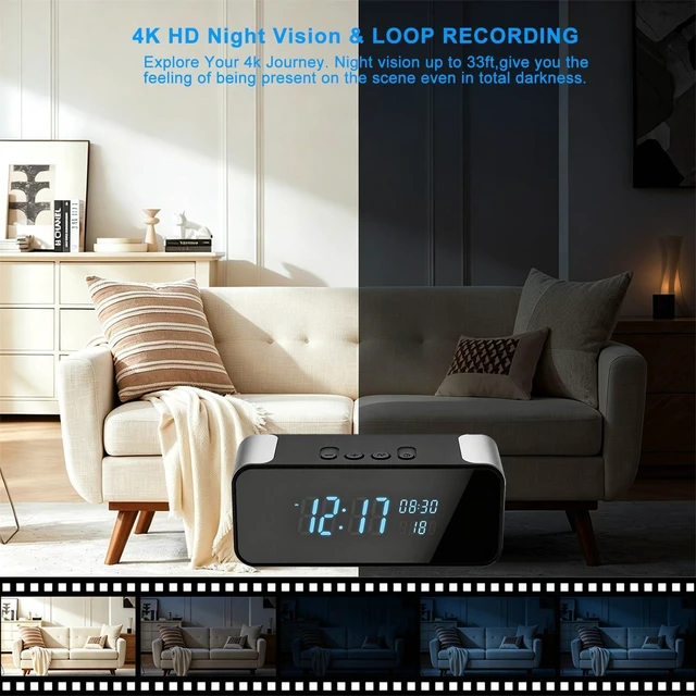 Alt view image 6 of 7 - Clythern Hidden Camera WiFi Alarm Clock 4K, Nanny Cam for Indoor | Night Vision, Motion Detection, Remote Live Stream, Loop Recording, Bluetooth Speaker for Home, Baby, Elderly Care
